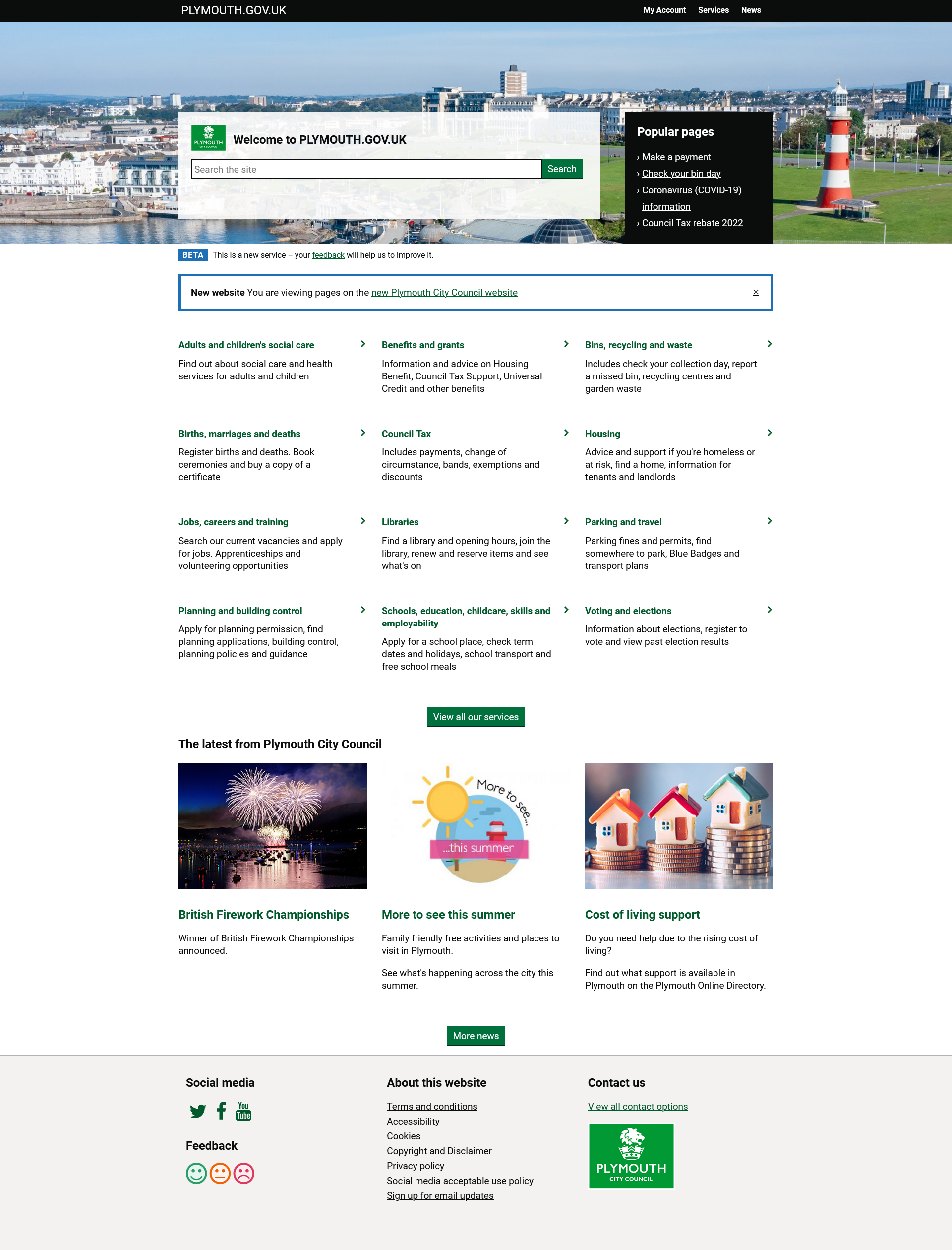 The home page of Plymouth City Council's website