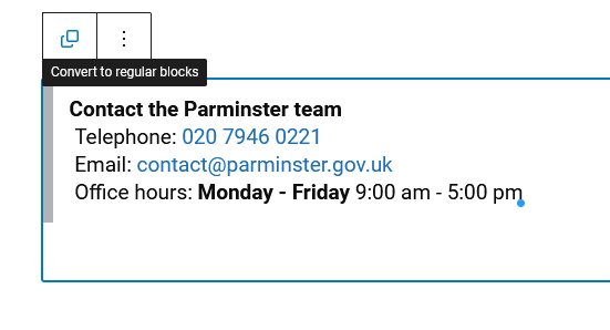 An example "Contact Us" reusable block added using the WYSIWYG editor