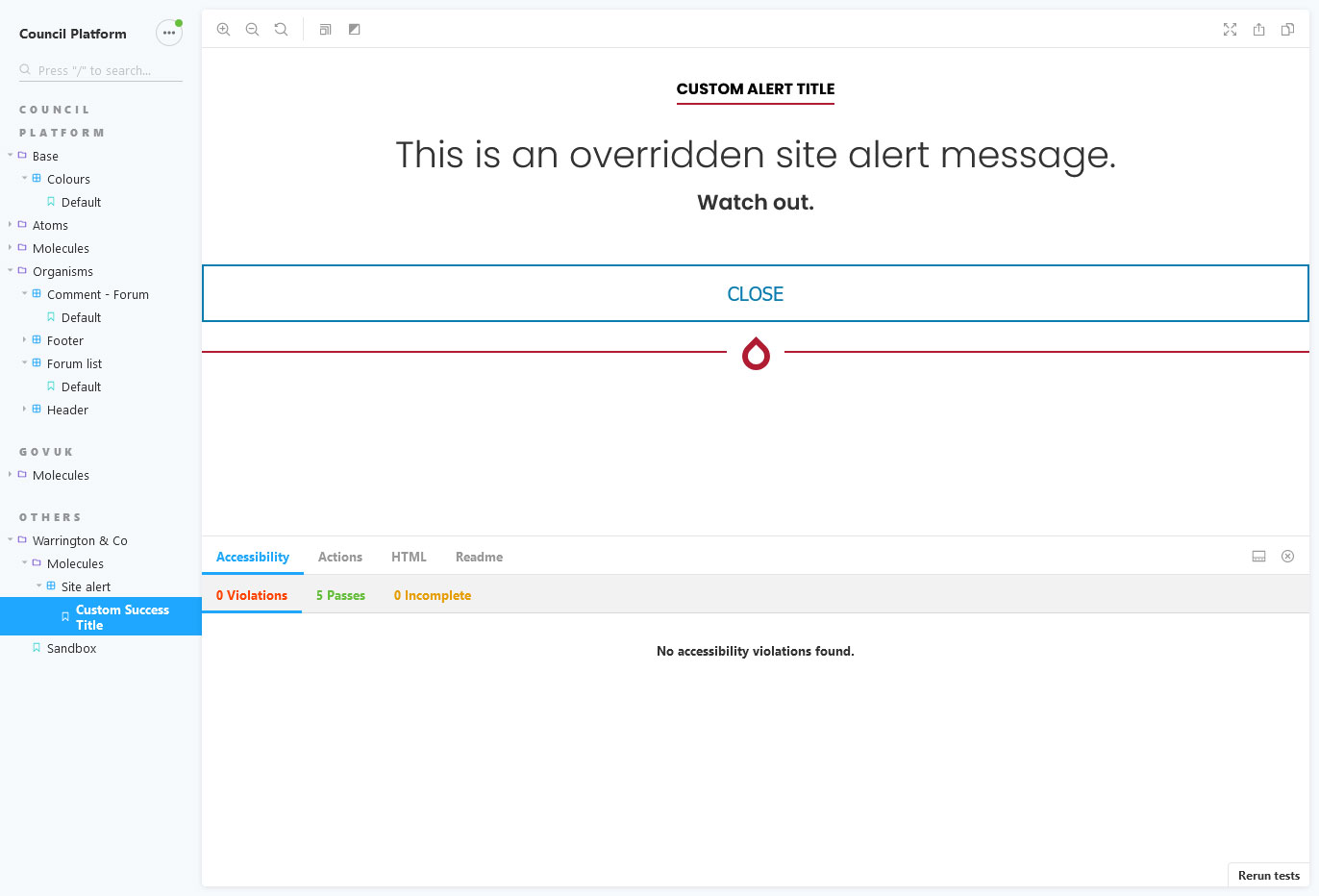 A screenshot of the Public Platform frontend development framework showing the Warrington & Co theme.