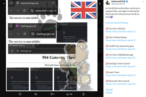 Tweet from NoName057 detailing UK Council DDoS attacks.