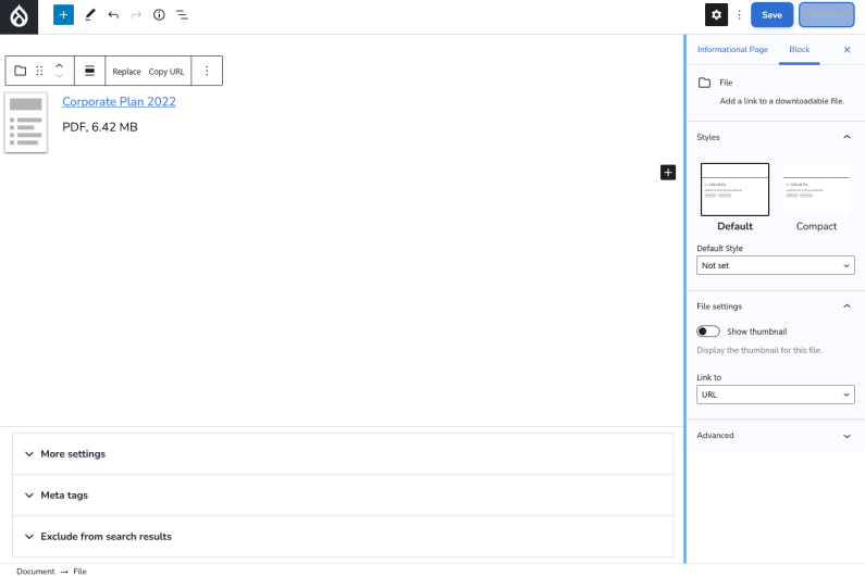 Adding a File component to the WYSIWYG editor.