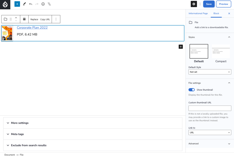 File component with "Show thumbnail" option enabled.