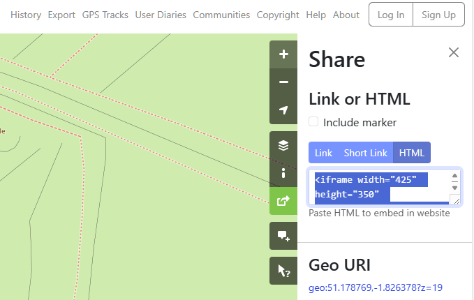 An iFrame HTML sharing snippet in OpenStreetMap.