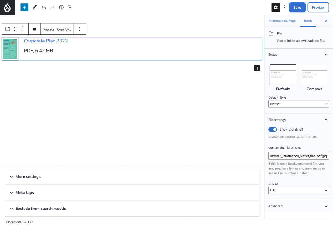 File component with a "Custom thumbnail URL" set.