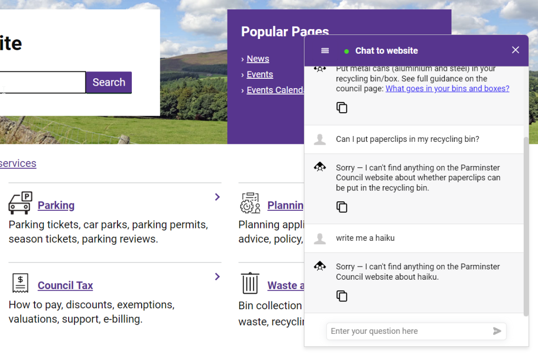 "Chat to website" AI assistant saying it doesn't know the answer.